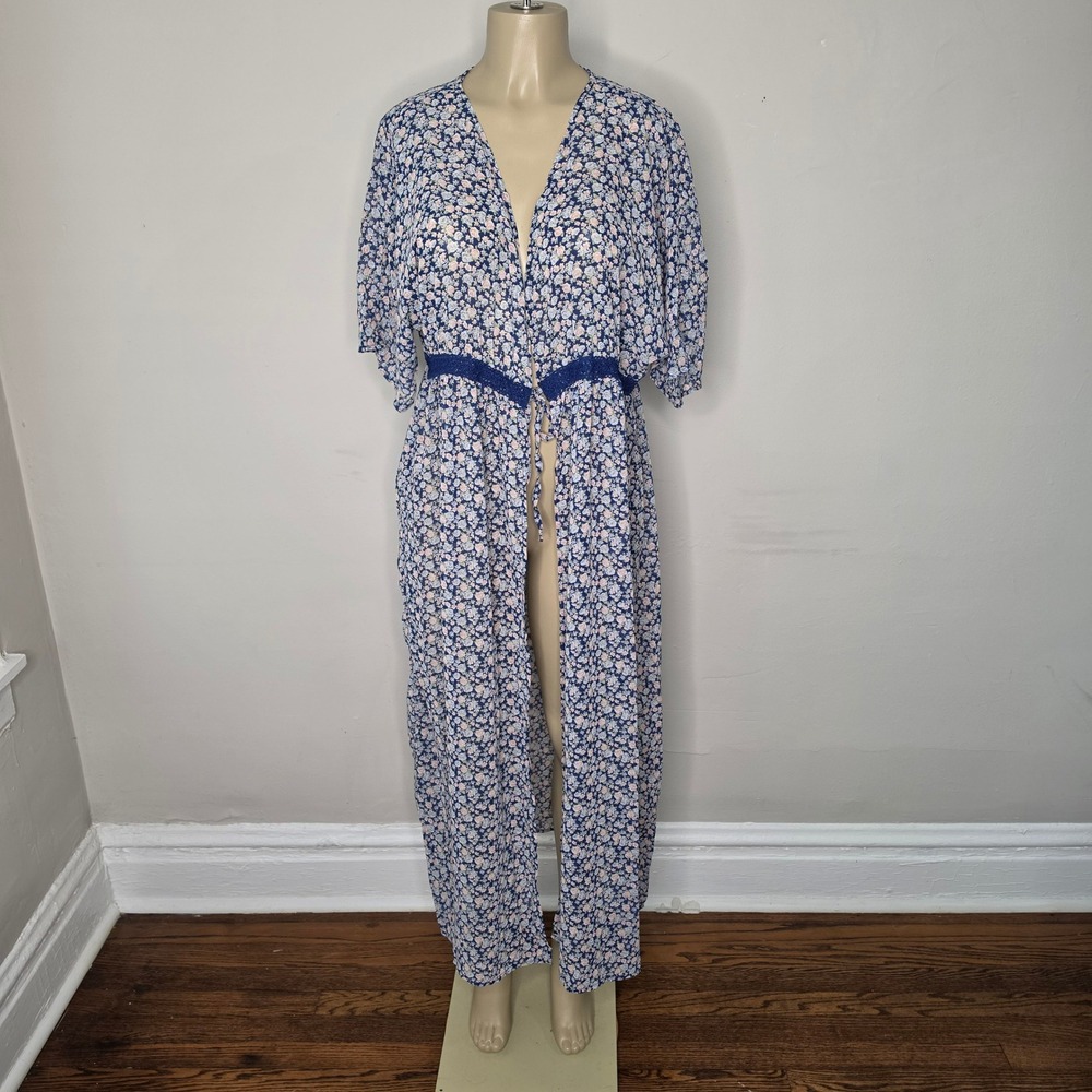 Alredine Kimono Women XL/XXL Blue Floral Maxi Duster Robe Crochet Lace Boho Tie